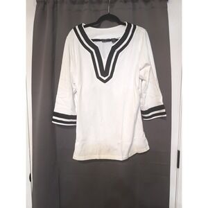 Bay Studio White & Black Stripe V Neck, Women's 1X Tunic Top, 3/4 Sleeve
